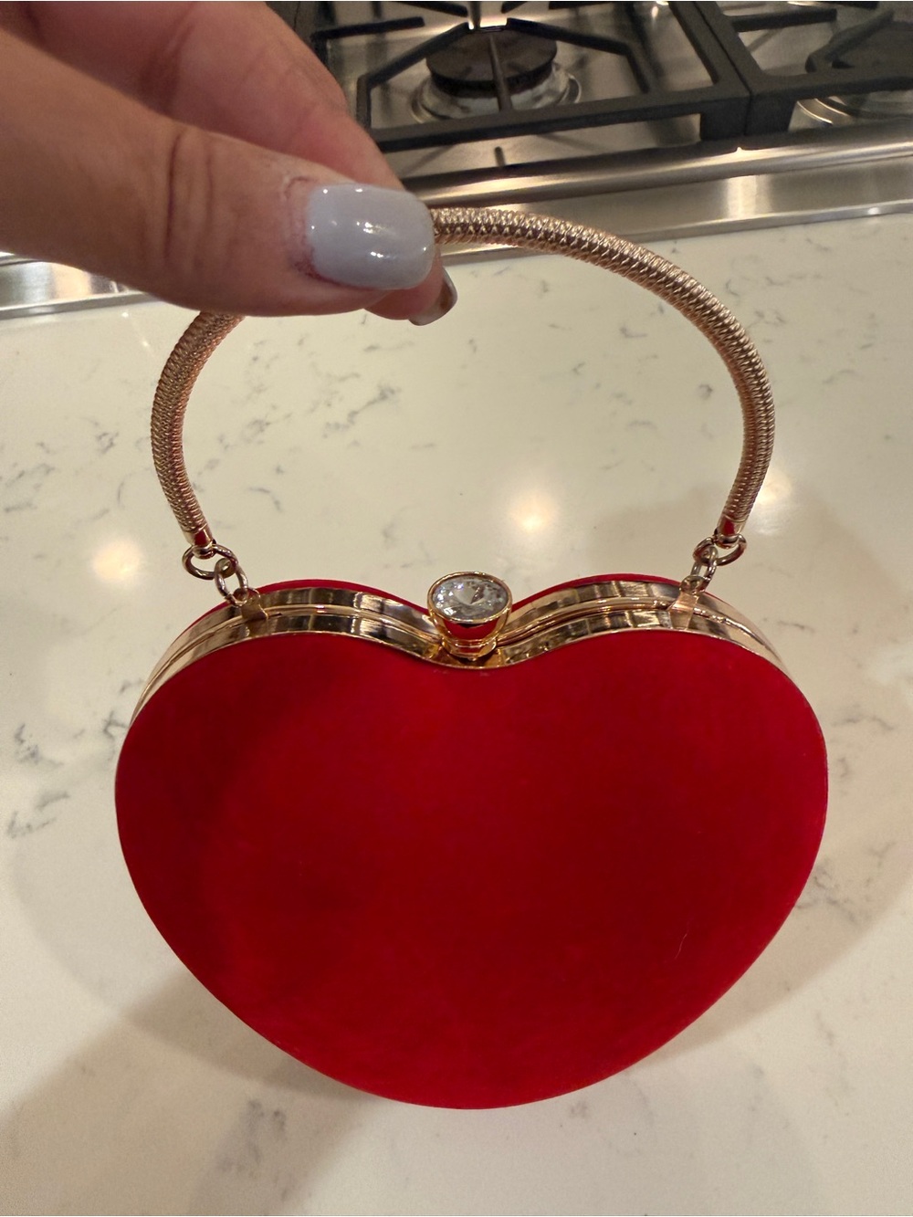 Red Velvet Heart Shaped Evening Bag Gold Tone Rhinestone Clutch - Picture 5 of 13